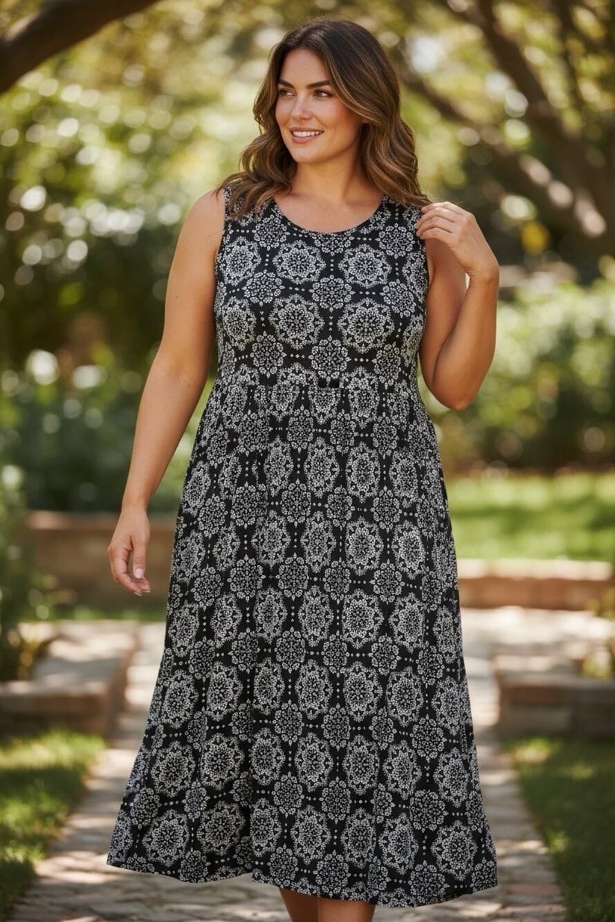 Croft & Barrow Women's Plus 3X Black White Floral Sleeveless Smocked Dress Comfy